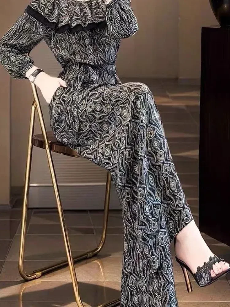 FADFAD Jumpsuit panjang untuk wanita lengan panjang kerah bulat motif cetak gaya retro