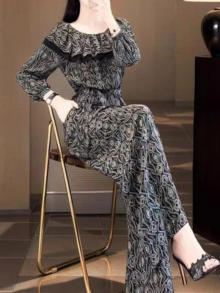 FADFAD Jumpsuit panjang untuk wanita lengan panjang kerah bulat motif cetak gaya retro
