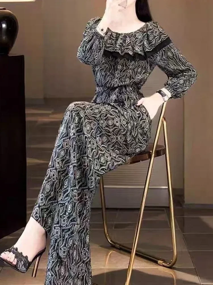 FADFAD Jumpsuit panjang untuk wanita lengan panjang kerah bulat motif cetak gaya retro