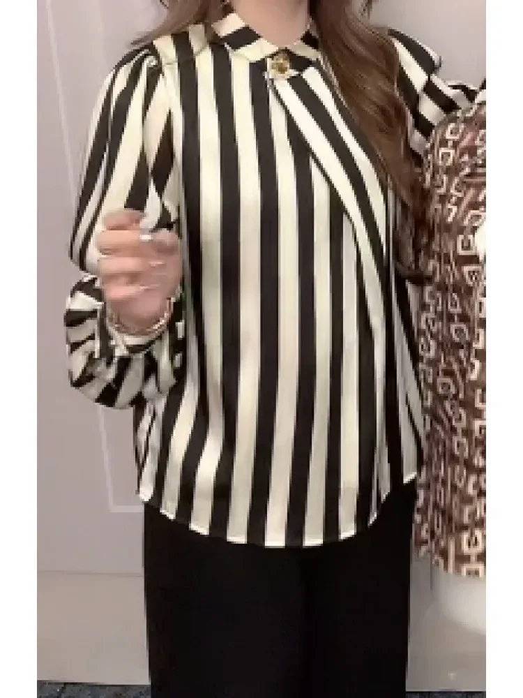 FADFAD Blouse motif bergaris dengan lengan panjang gaya trendi untuk wanita elegant