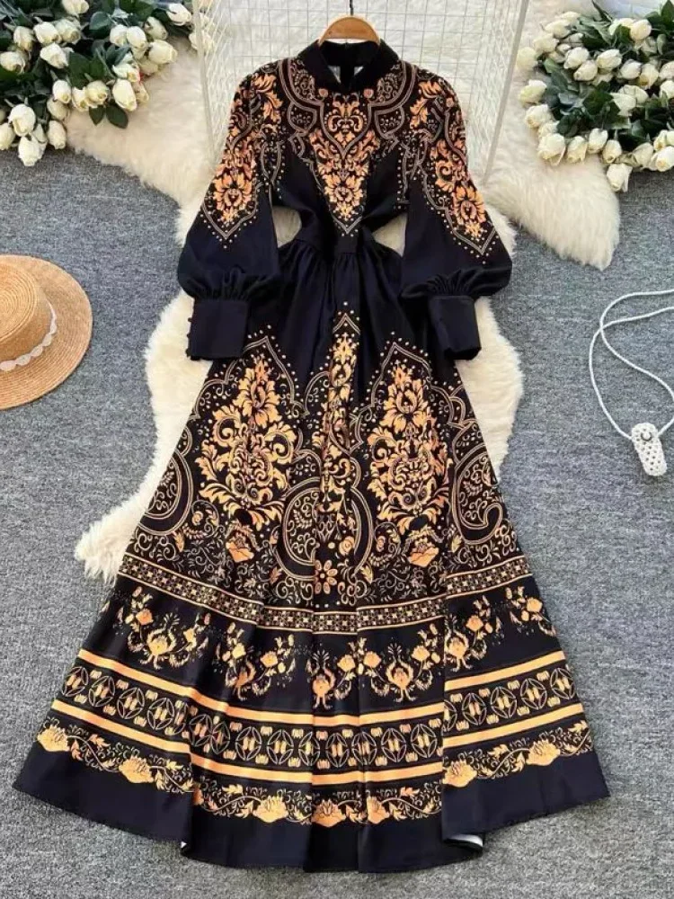 FADFAD Gaun wanita kelas atas motif cetak nasional dengan lengan balon panjang dan pinggang elastis