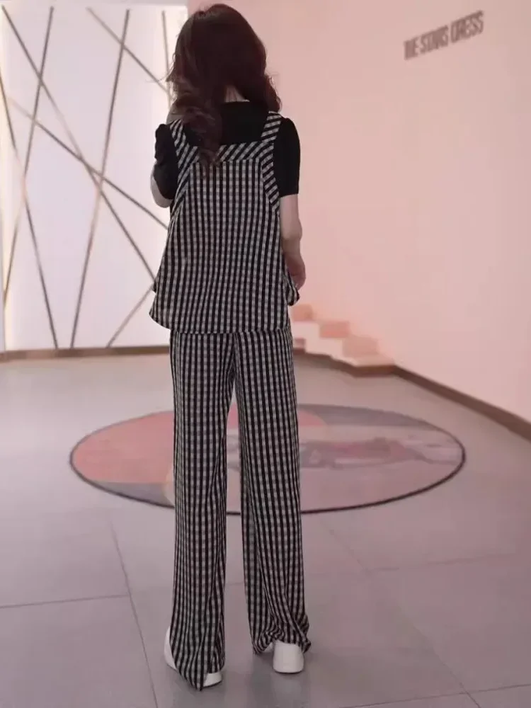 FADFAD Setelan kotak-kotak mode baru longgar desain ramping atasan lengan pendek dan celana kaki lebar dua potong untuk wanita