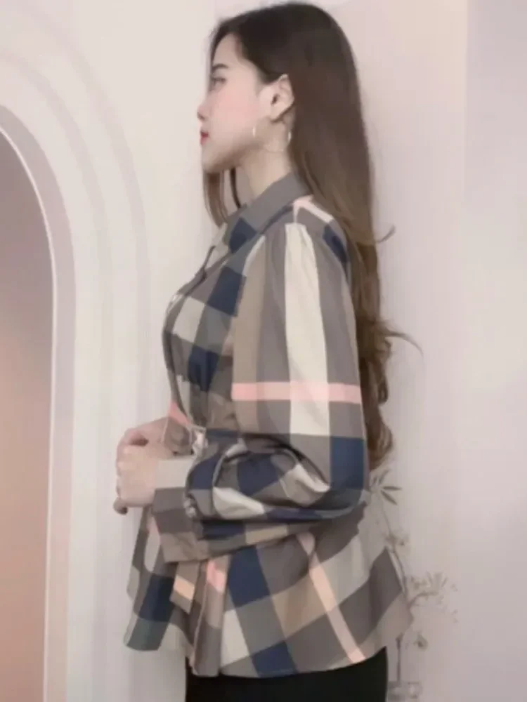 FADFAD Kemeja lengan panjang mewah dengan pola kotak-kotak, modis, elegan, menutupi lemak, dan membuat terlihat lebih ramping