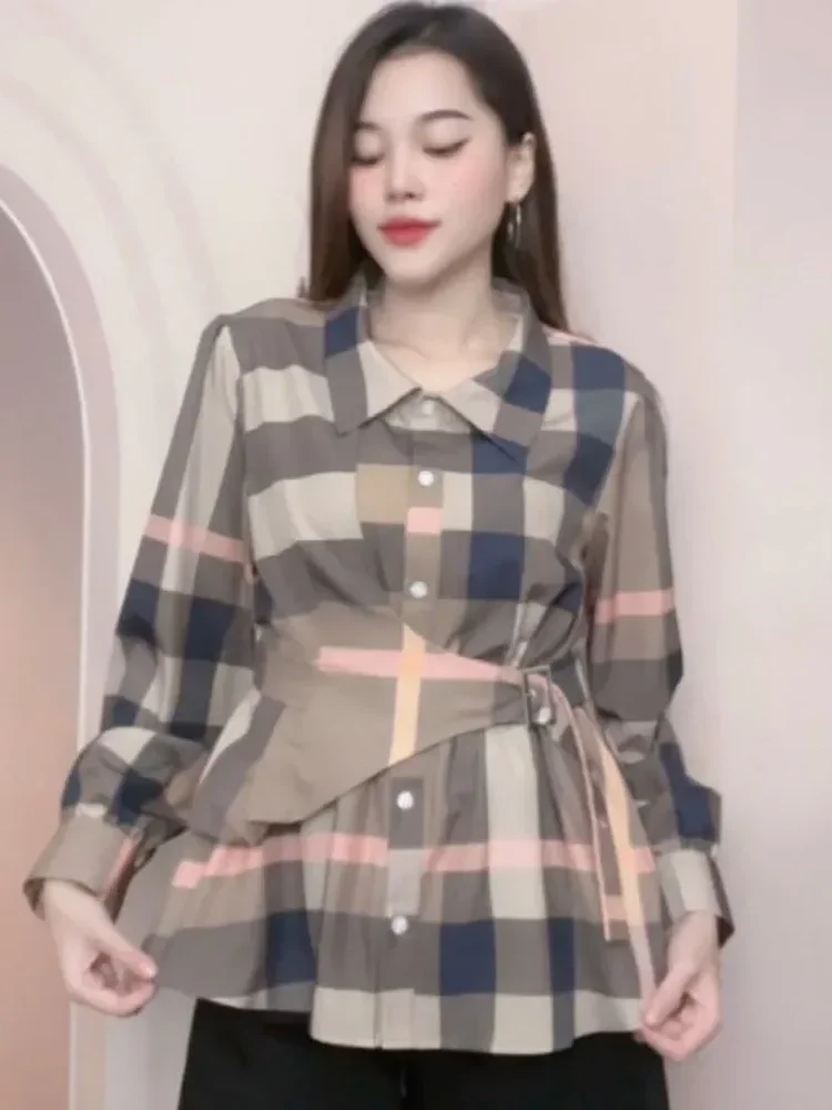 FADFAD Kemeja lengan panjang mewah dengan pola kotak-kotak, modis, elegan, menutupi lemak, dan membuat terlihat lebih ramping