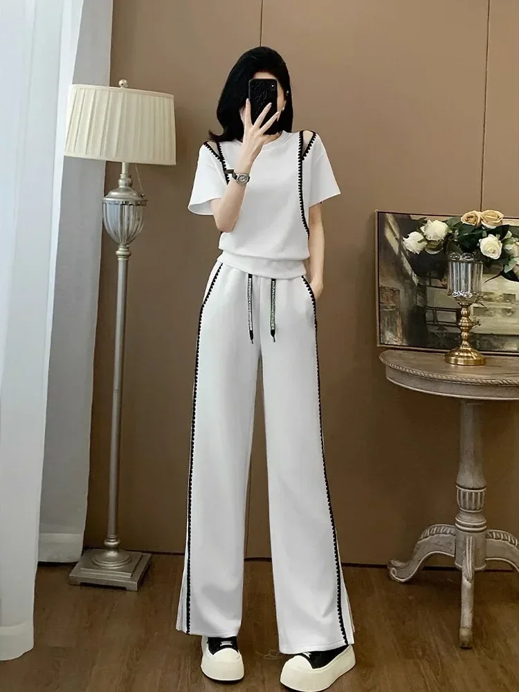 FADFAD Setelan dua potong atasan dengan lengan pendek dan celana panjang gaya modis baru untuk wanita