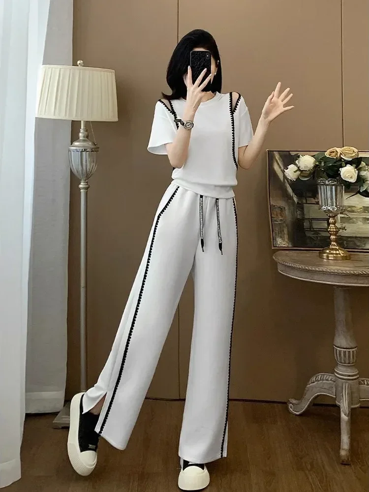 FADFAD Setelan dua potong atasan dengan lengan pendek dan celana panjang gaya modis baru untuk wanita