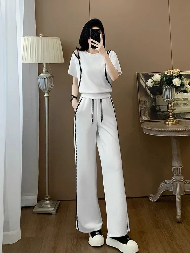 FADFAD Setelan dua potong atasan dengan lengan pendek dan celana panjang gaya modis baru untuk wanita