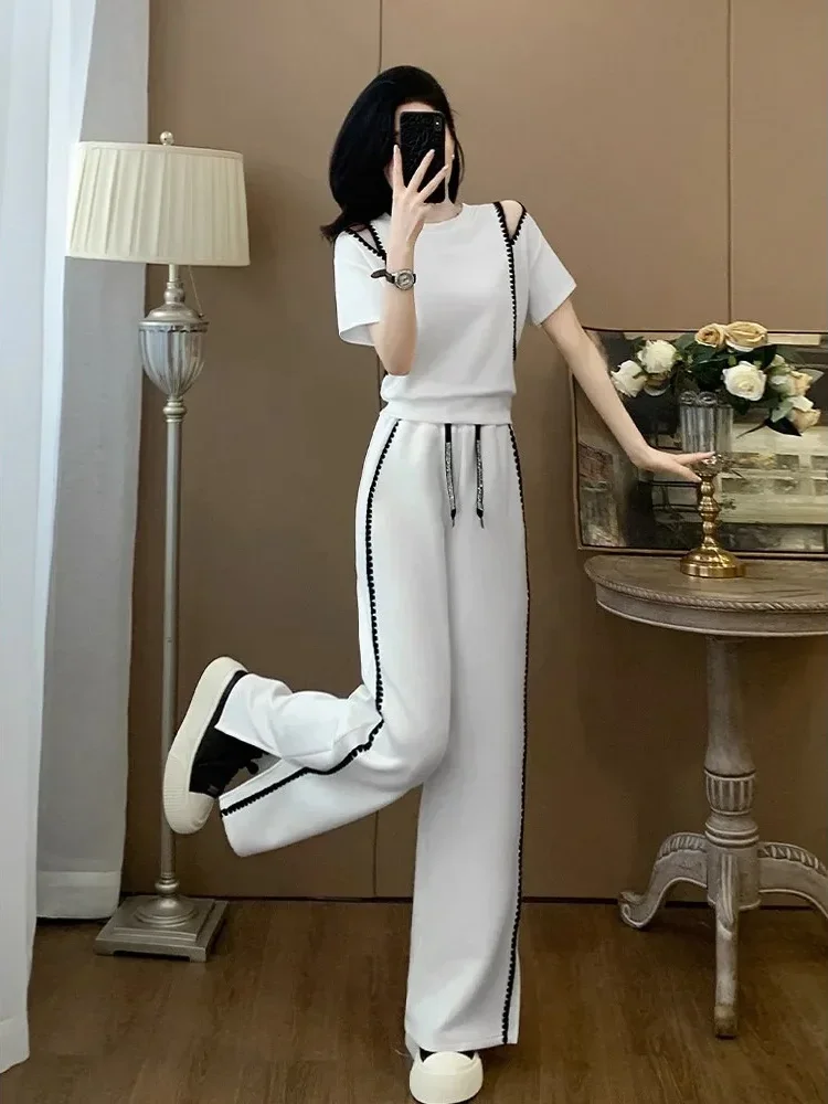 FADFAD Setelan dua potong atasan dengan lengan pendek dan celana panjang gaya modis baru untuk wanita