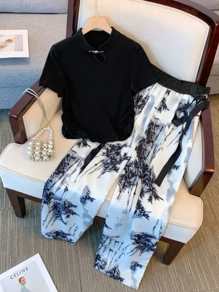 [NEW]FADFAD Setelan dua potong pakaian wanita lengan pendek bergaya cina