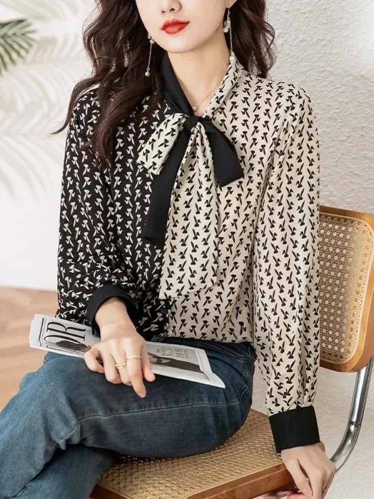 [DISKON KILAT]FADFAD Atasan kemeja tie neck motif cetak lengan panjang dan bergaya elegan