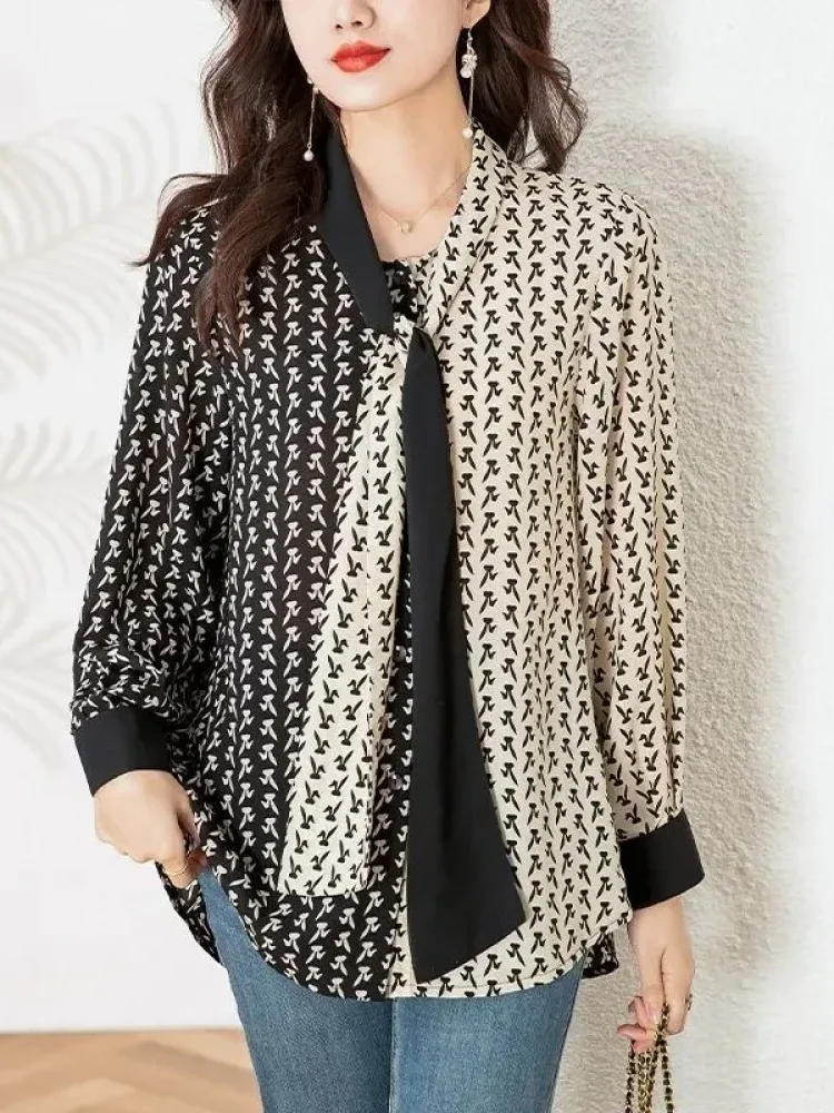 [DISKON KILAT]FADFAD Atasan kemeja tie neck motif cetak lengan panjang dan bergaya elegan