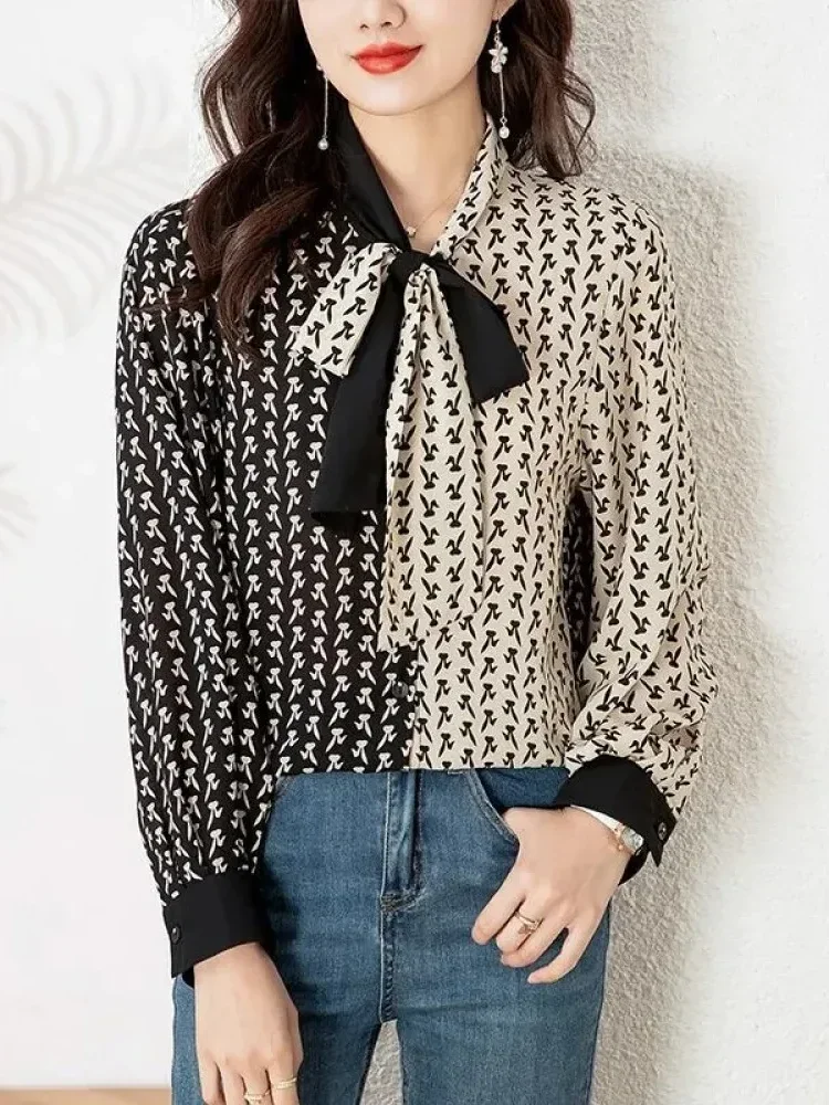 [DISKON KILAT]FADFAD Atasan kemeja tie neck motif cetak lengan panjang dan bergaya elegan
