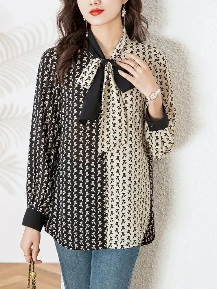[DISKON KILAT]FADFAD Atasan kemeja tie neck motif cetak lengan panjang dan bergaya elegan