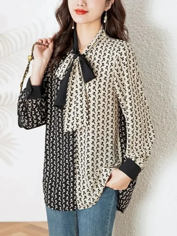 [DISKON KILAT]FADFAD Atasan kemeja tie neck motif cetak lengan panjang dan bergaya elegan