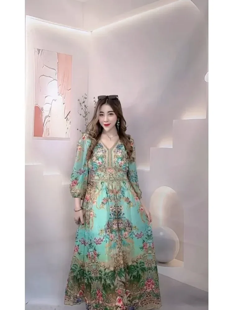 [DISKON KILAT]FADFAD Gaun maxi lengan tiga perempat gaya cinta dengan kerah v neck motif bunga mewah