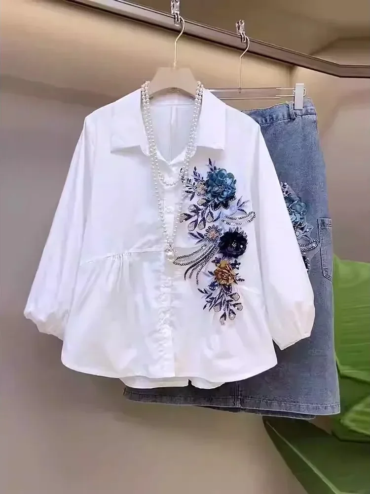 [READY STOCK]FADFAD Atasan kemeja putih lengan panjang dengan variasi bunga dibagian depan gaya kasual untuk wanita