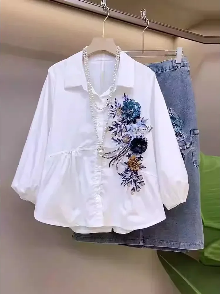 [READY STOCK]FADFAD Atasan kemeja putih lengan panjang dengan variasi bunga dibagian depan gaya kasual untuk wanita