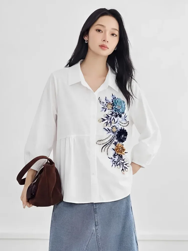 [READY STOCK]FADFAD Atasan kemeja putih lengan panjang dengan variasi bunga dibagian depan gaya kasual untuk wanita