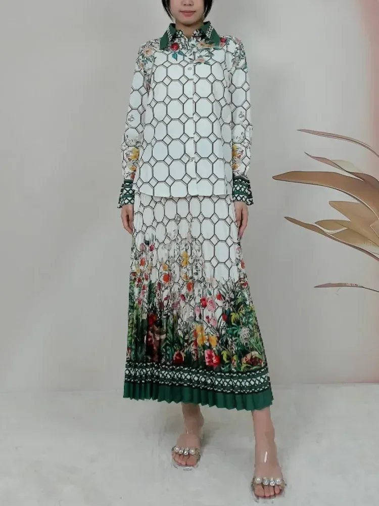 FADFAD Setelan modis warna kontras gaya retro atasan lengan panjang dan rok lipit a-line