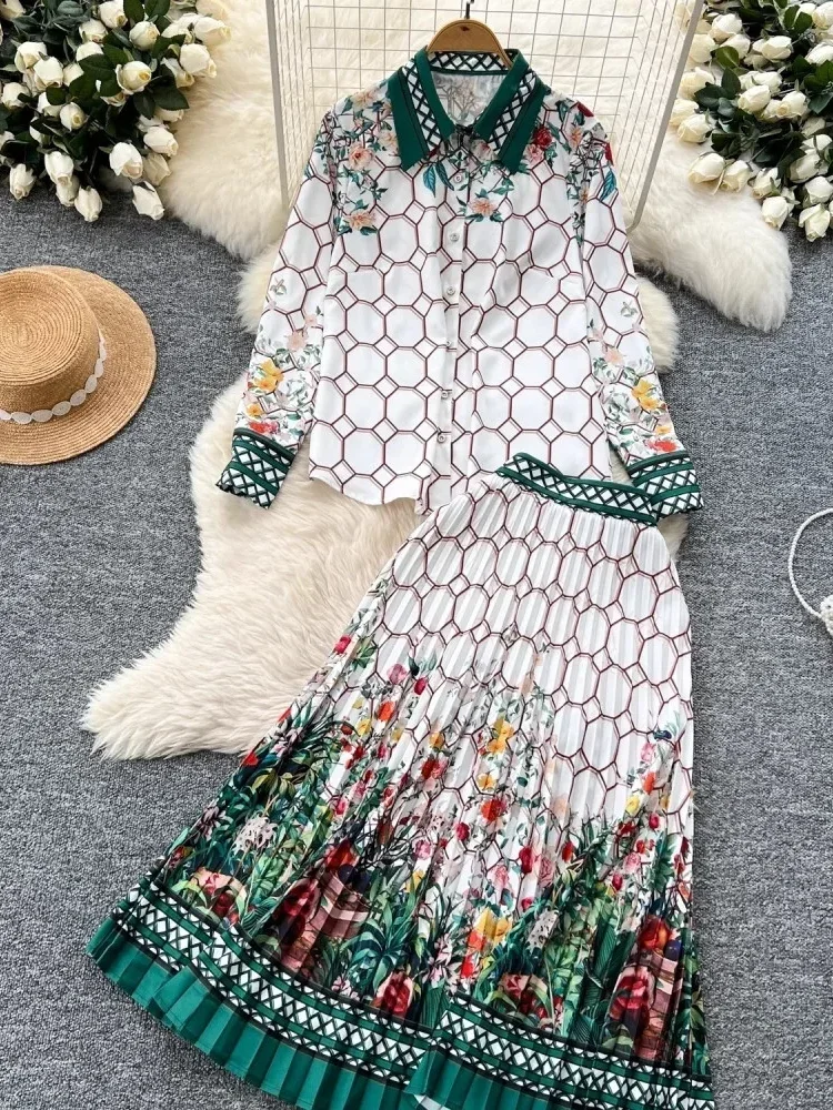 FADFAD Setelan modis warna kontras gaya retro atasan lengan panjang dan rok lipit a-line