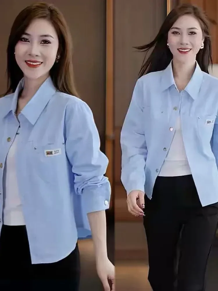 FADFAD Atasan kemeja kasual dengan kerah formal dan warna polos