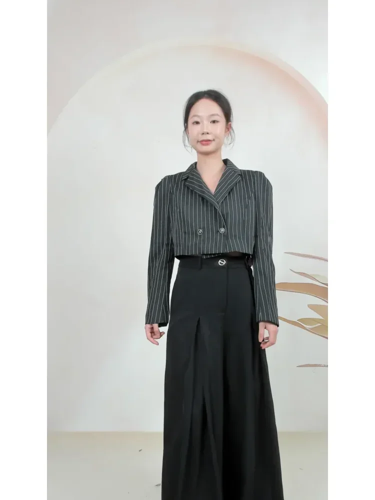 FADFAD Setelan dua potong wanita lengan panjang + panjang celana ramping motif bergaris gaya korea