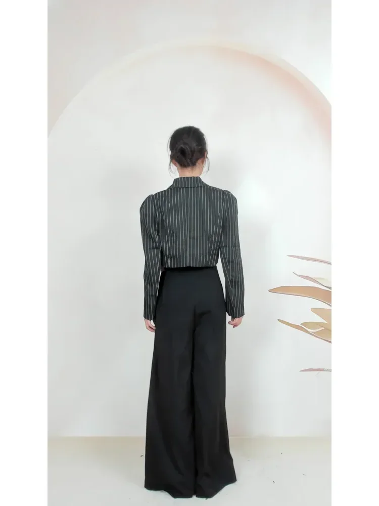 FADFAD Setelan dua potong wanita lengan panjang + panjang celana ramping motif bergaris gaya korea