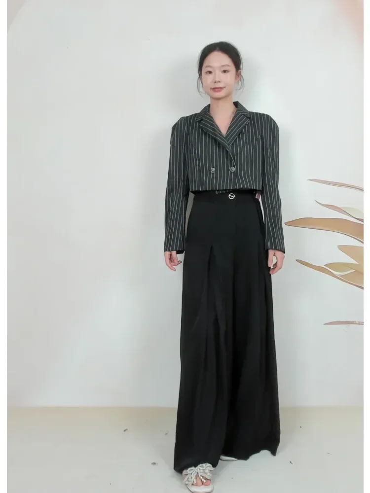 FADFAD Setelan dua potong wanita lengan panjang + panjang celana ramping motif bergaris gaya korea