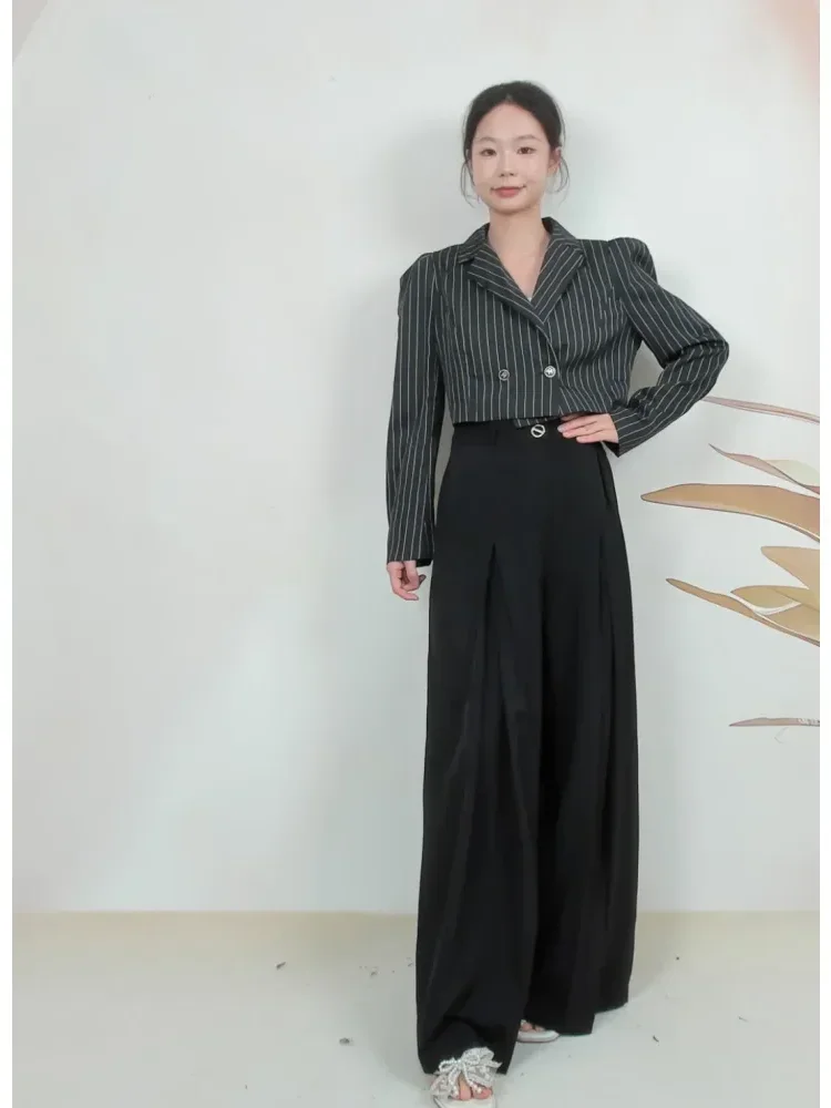 FADFAD Setelan dua potong wanita lengan panjang + panjang celana ramping motif bergaris gaya korea
