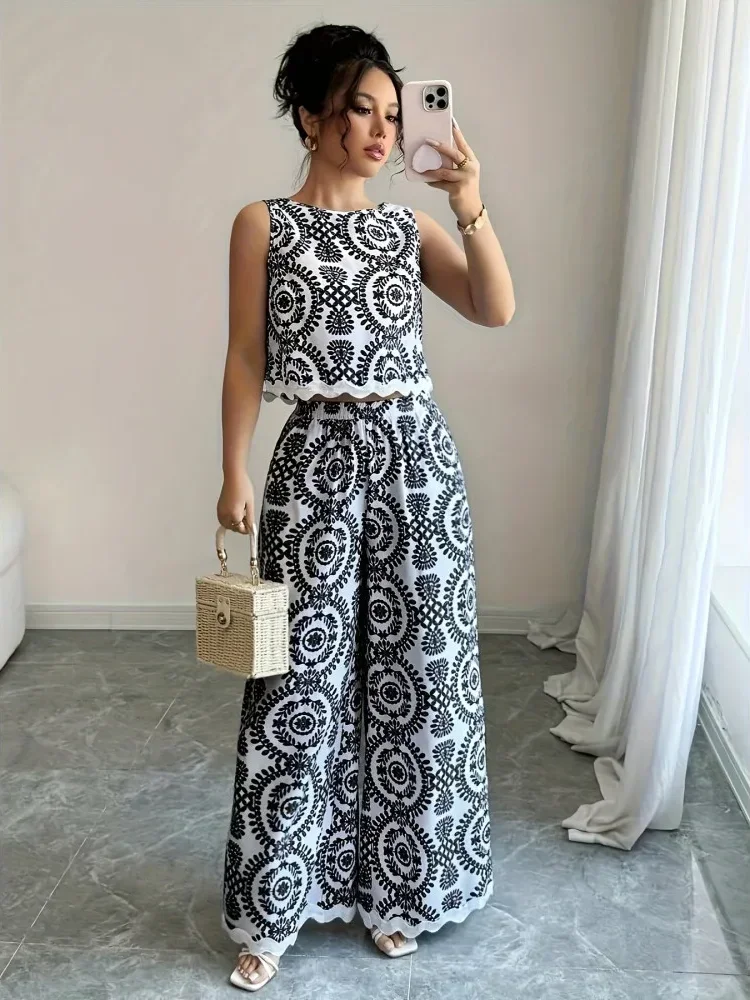 FADFAD Setelan atasan longgar tanpa lengan dan bawah celana panjang motif cetak