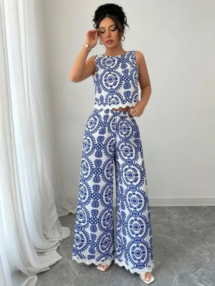 FADFAD Setelan atasan longgar tanpa lengan dan bawah celana panjang motif cetak