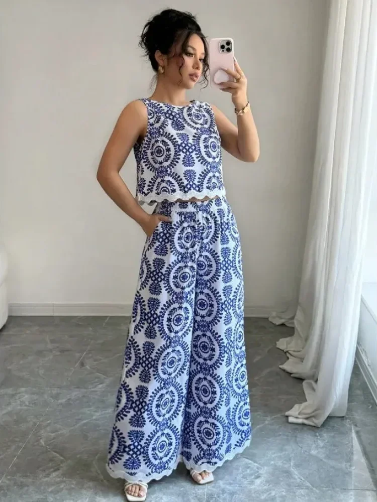 FADFAD Setelan atasan longgar tanpa lengan dan bawah celana panjang motif cetak