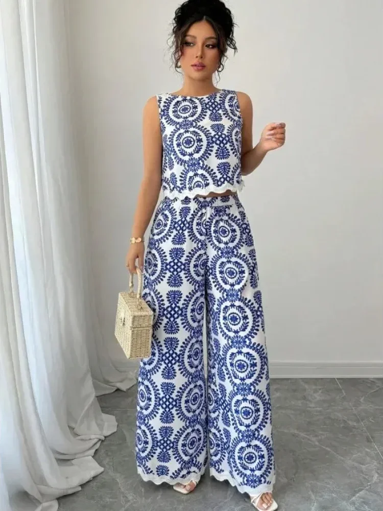 FADFAD Setelan atasan longgar tanpa lengan dan bawah celana panjang motif cetak