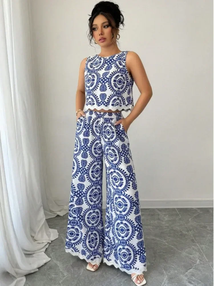 FADFAD Setelan atasan longgar tanpa lengan dan bawah celana panjang motif cetak