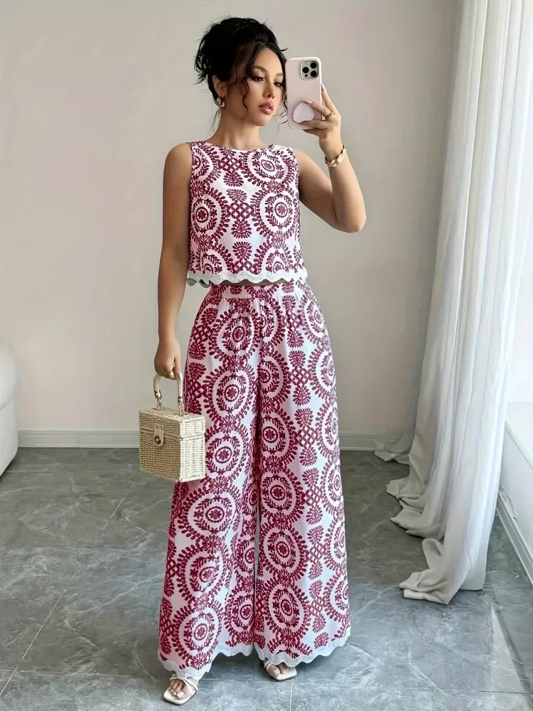 FADFAD Setelan atasan longgar tanpa lengan dan bawah celana panjang motif cetak