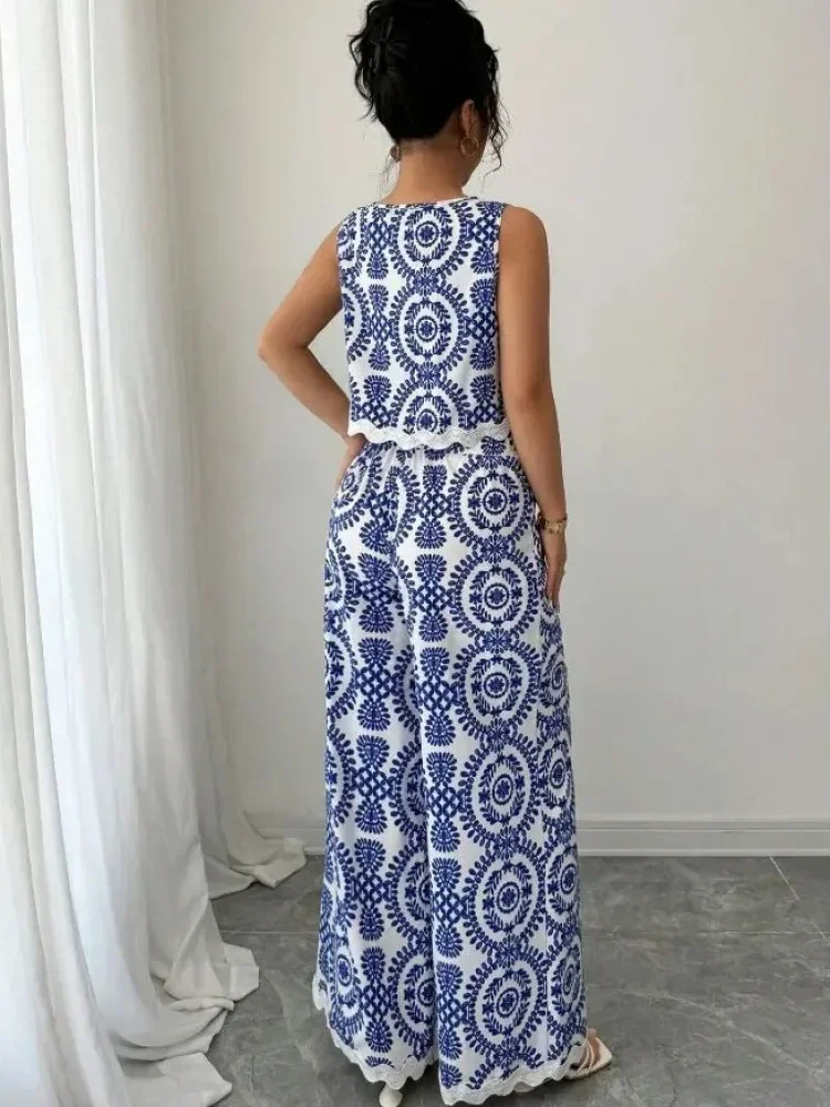 FADFAD Setelan atasan longgar tanpa lengan dan bawah celana panjang motif cetak