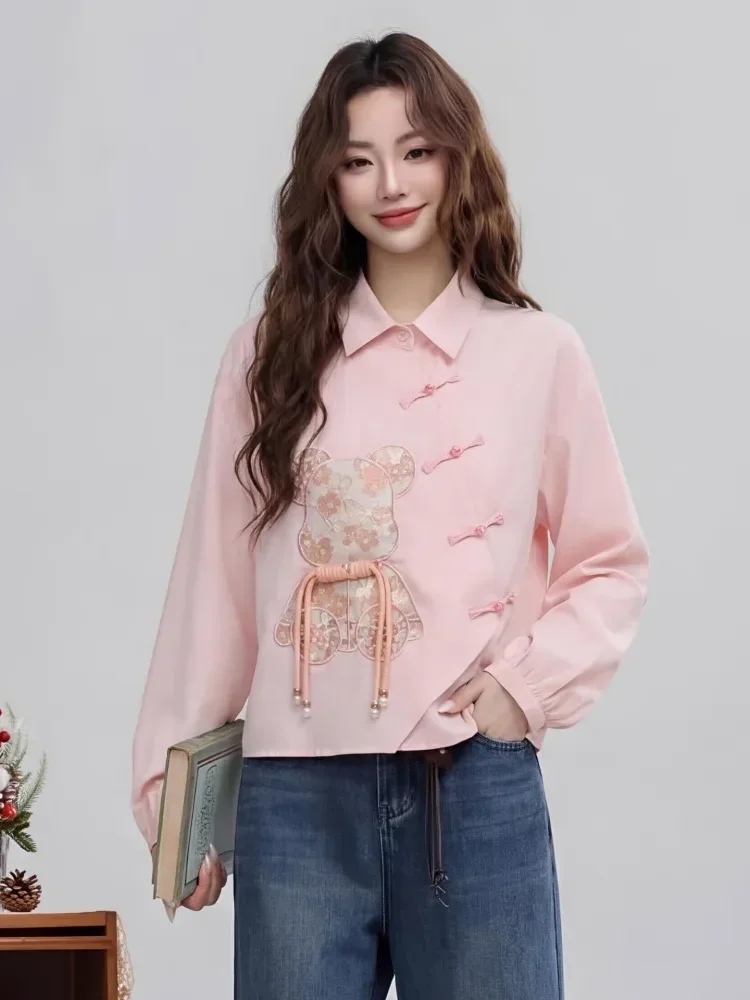 [READY STOCK]FADFAD Atasan lengan panjang longgar modis dengan aksesori beruang yang indah