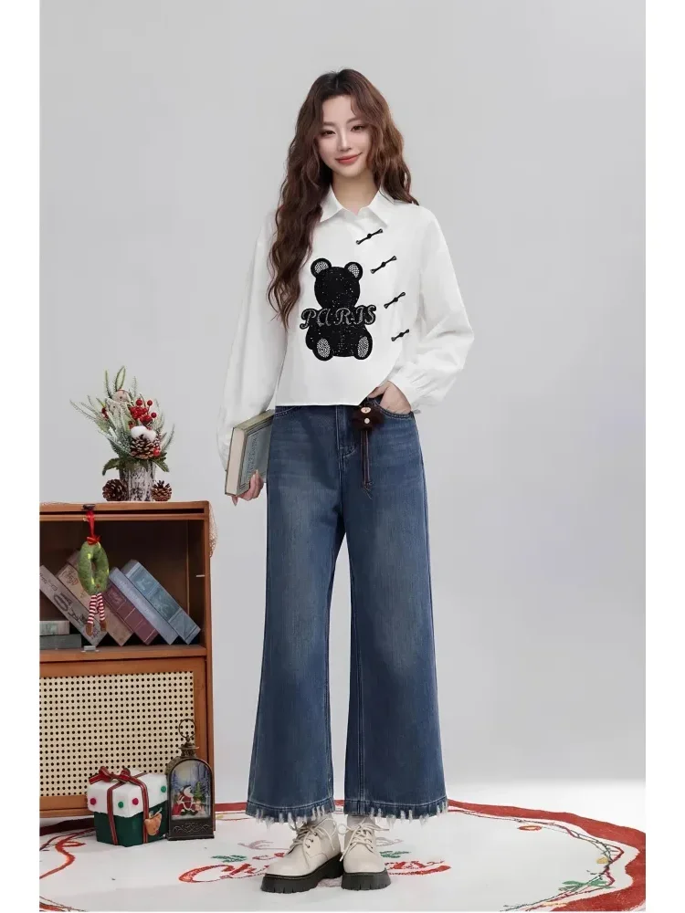 [READY STOCK]FADFAD Atasan lengan panjang longgar modis dengan aksesori beruang yang indah