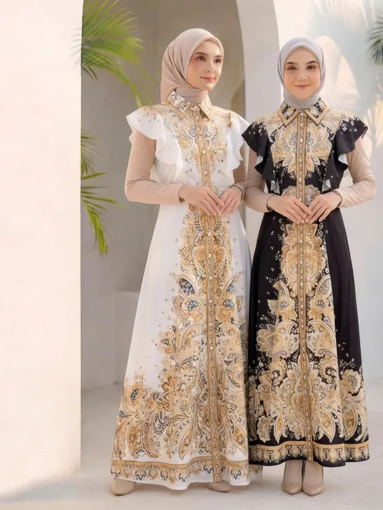 [READY STOCK]FADFAD Gaun elegan bergaya retro dengan motif cetak dan model ramping untuk wanita