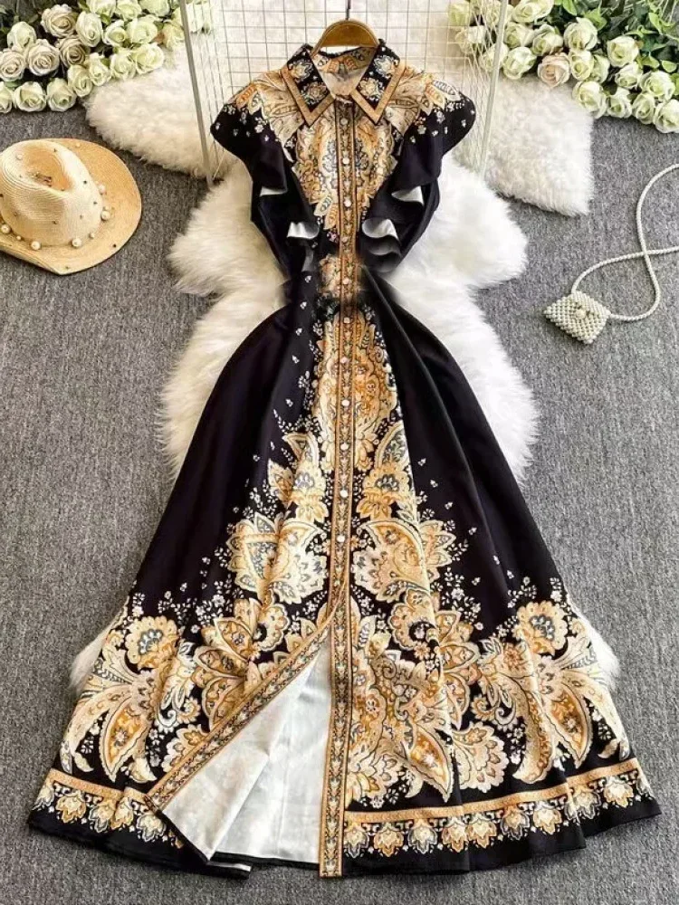 [READY STOCK]FADFAD Gaun elegan bergaya retro dengan motif cetak dan model ramping untuk wanita