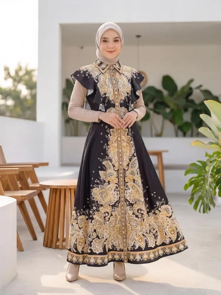 [READY STOCK]FADFAD Gaun elegan bergaya retro dengan motif cetak dan model ramping untuk wanita