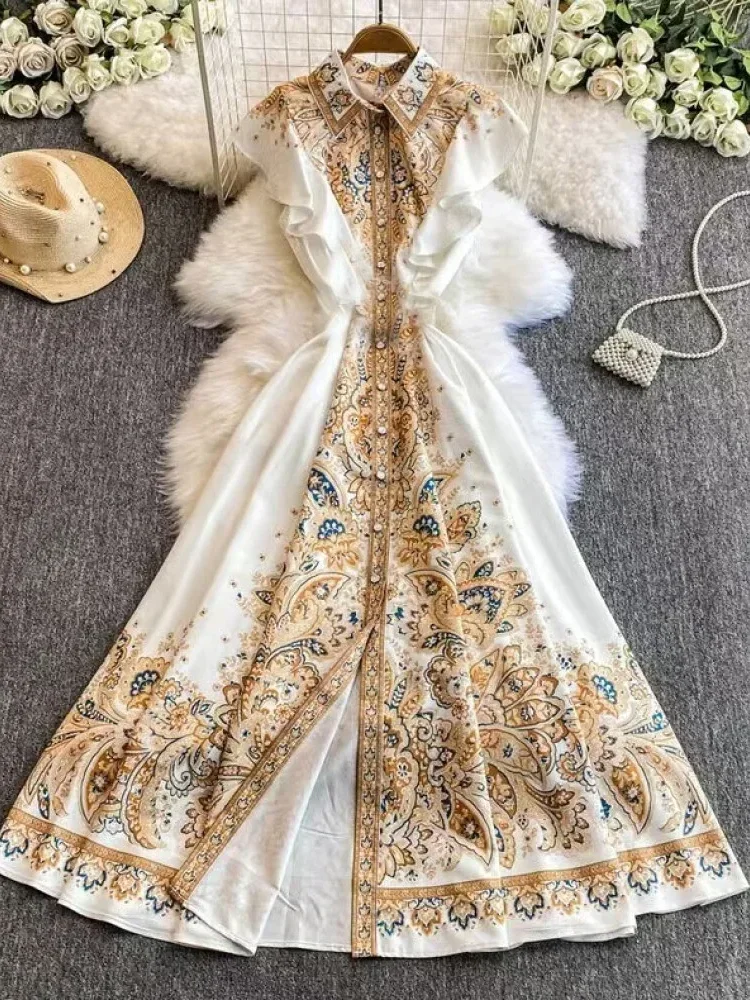 [READY STOCK]FADFAD Gaun elegan bergaya retro dengan motif cetak dan model ramping untuk wanita
