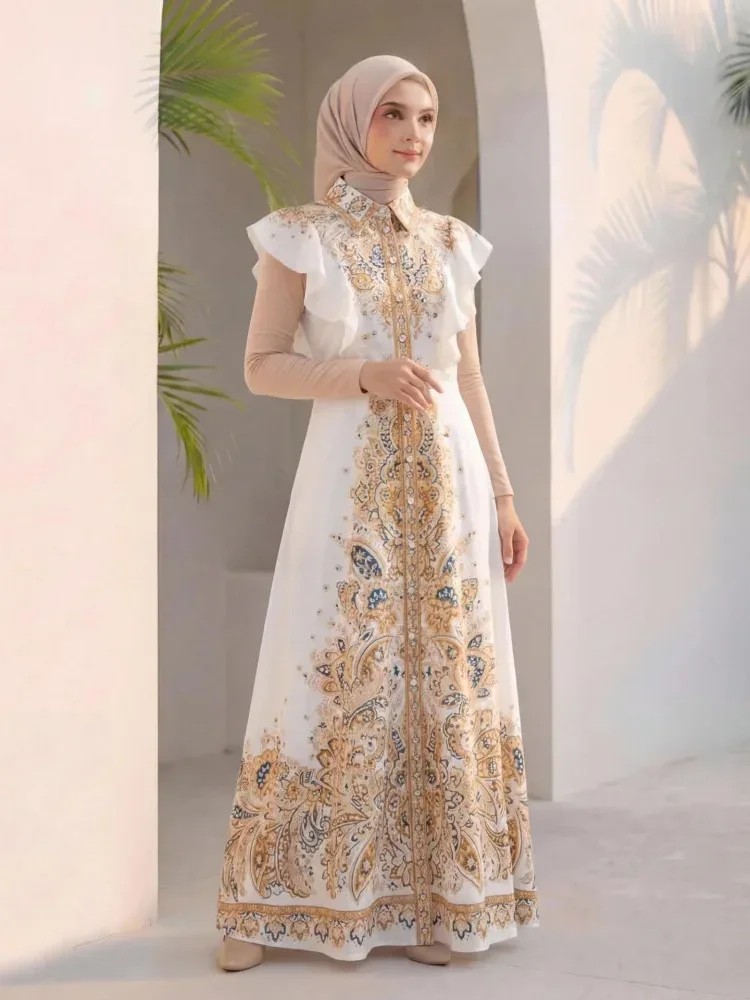 [READY STOCK]FADFAD Gaun elegan bergaya retro dengan motif cetak dan model ramping untuk wanita