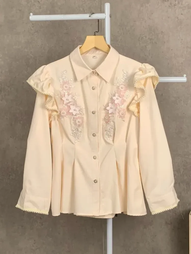 [NEW]FADFAD Wanita longgar daun tepi lengan panjang top