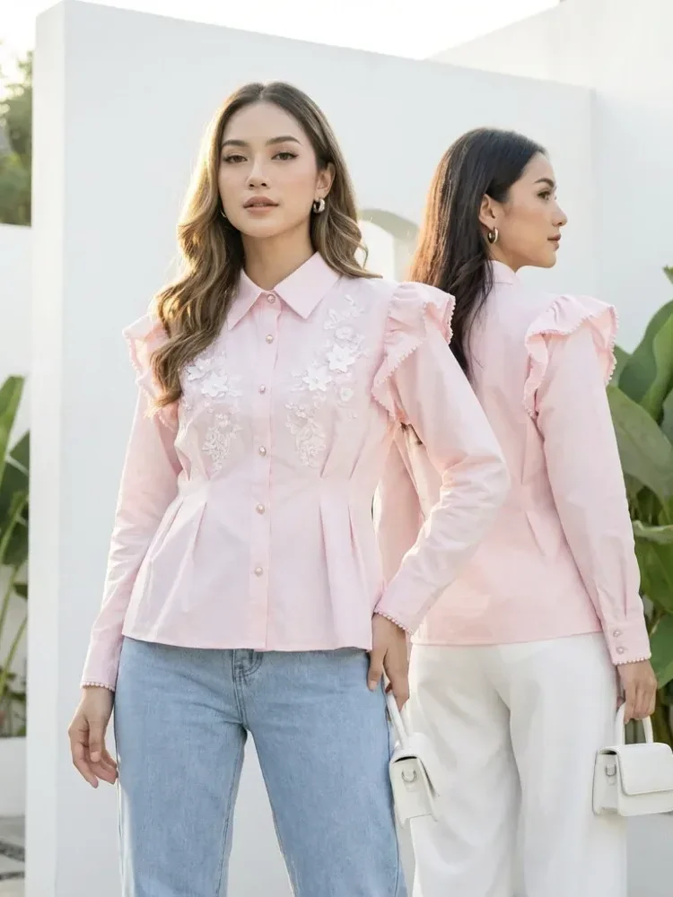 [NEW]FADFAD Wanita longgar daun tepi lengan panjang top