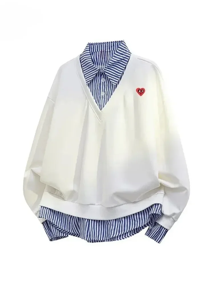 FADFAD Atasan kemeja dua potong palsu lengan panjang dan kerah polo