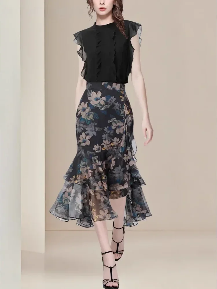 FADFAD Setelan dua potong tanpa lengan dengan atasan modis dan rok motif cetak bunga