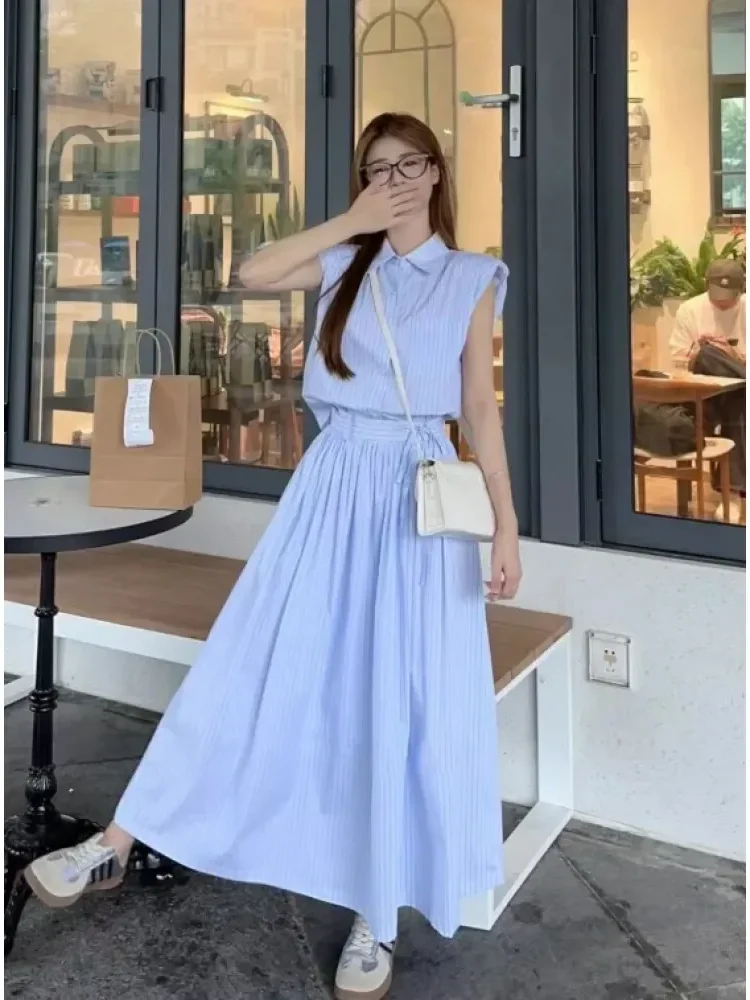 FADFAD Age-reducing simple striped shirt + a-line skirt two-piece set