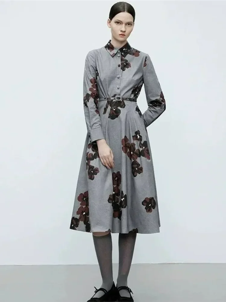 FADFAD Gaun midi lengan panjang model kemeja motif bunga terkesan elegan