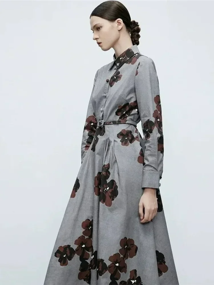 FADFAD Gaun midi lengan panjang model kemeja motif bunga terkesan elegan